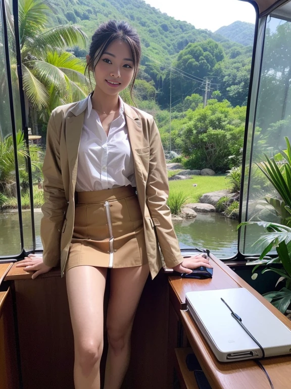 ((top-quality、in 8K、​masterpiece:1.3、Raw photo))、Super high quality photos, Inside a balloon gondola flying through a tropical jungle, ((Wearing a business suit with jacket and skirt)), ((Beautiful Japanese woman inside the gondola)),((Wear a white blouse shirt under the jacket)), ((Perfect beauty 20 year old idol Japan woman)), ((burst into laughter)), ((protruding nipples under the shirt,,)), ((slim figure)), ((Slim legs)), ((slim thigh)), (Photorealistic: 1.4), (Ultra-high detail), (hyper realisitic: 1.4), (Realistic: 1.3), (Smooth lighting: 1.05), Full body, 1girl in, Solo, (Japanese actressl),　20yr old, cinematlic lighting, ((Leaner figure)), Good anatomy, Correct anatomy, Inside a balloon gondola flying through a tropical jungle, ((Perfect beauty 20 year old idol Japan woman)), ((Slim legs)), ((slim thigh)), ,((Perfect beauty)), ((He has a small camping bag in one hand.)), ((Panties are visible through the skirt)), ((burst into laughter)), ((camel's toe)), ((Wearing a business suit with jacket and skirt)), ((Hands on the crotch)).