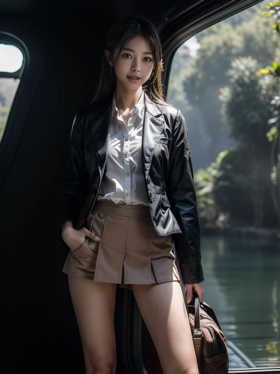 ((top-quality、in 8K、​masterpiece:1.3、Raw photo))、Super high quality photos, Inside a balloon gondola flying through a tropical jungle, ((Wearing a business suit with jacket and skirt)), ((Beautiful Japanese woman inside the gondola)),((Wear a white blouse shirt under the jacket)), ((Perfect beauty 20 year old idol Japan woman)), ((burst into laughter)), ((protruding nipples under the shirt,,)), ((slim figure)), ((Slim legs)), ((slim thigh)), (Photorealistic: 1.4), (Ultra-high detail), (hyper realisitic: 1.4), (Realistic: 1.3), (Smooth lighting: 1.05), Full body, 1girl in, Solo, (Japanese actressl),　20yr old, cinematlic lighting, ((Leaner figure)), Good anatomy, Correct ???????, Inside a balloon gondola flying through a tropical jungle, ((Perfect beauty 20 year old idol Japan woman)), ((Slim legs)), ((slim thigh)), ,((Perfect beauty)), ((He has a small camping bag in one hand.)), ((Panties are visible through the skirt)), ((burst into laughter)), ((camel's toe)), ((Wearing a business suit with jacket and skirt)), ((Hands on the crotch)).