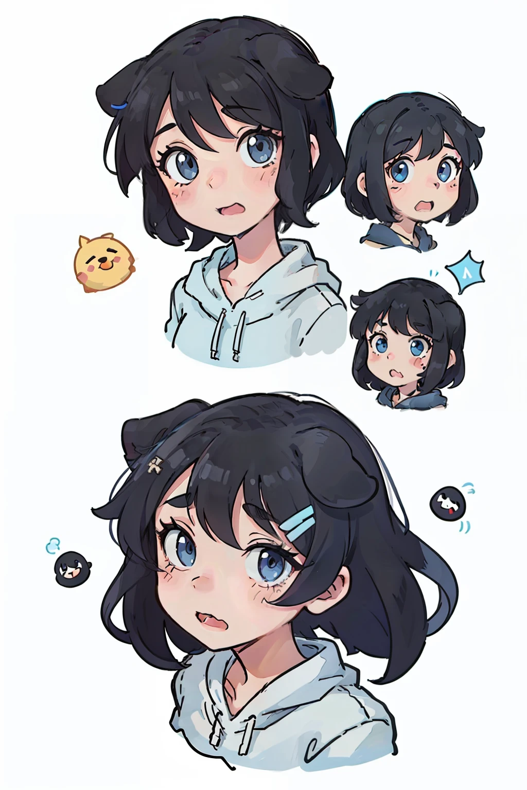 Cute puppy,black color hair,Black dog ears,Light blue eyes,Various expressions,Be proud,proud,Keep one's mouth shut,laughingly,big laughter,expression,adorable eyes,White BE, illustration-nii 5-style cute, emoji as illustration set, with boold manga line style,
dynamic pose dark white,,f/64 groups,related characters,Old
Meme Kernel