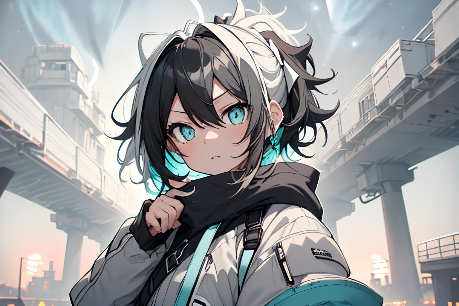 Highest Quality, masutepiece, front facing, 1 girl in, Turquoise eyes, jet-black hair, Jacket (Gray white background:1.4), (night sky background:1.3),