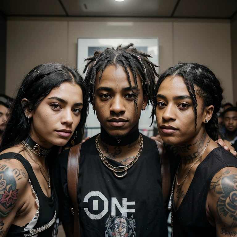 there are many people standing together with one man wearing headphones, xxxtentacion, arms covered in gang tattoo, guapo, lil uzi vert, syd, wiz khalifa, nipsey hussle, playboi carti, smug look, playboi carti portrait, wearing shipibo tattoos, wearing a bandana and chain, rapper, london gang member, concerned