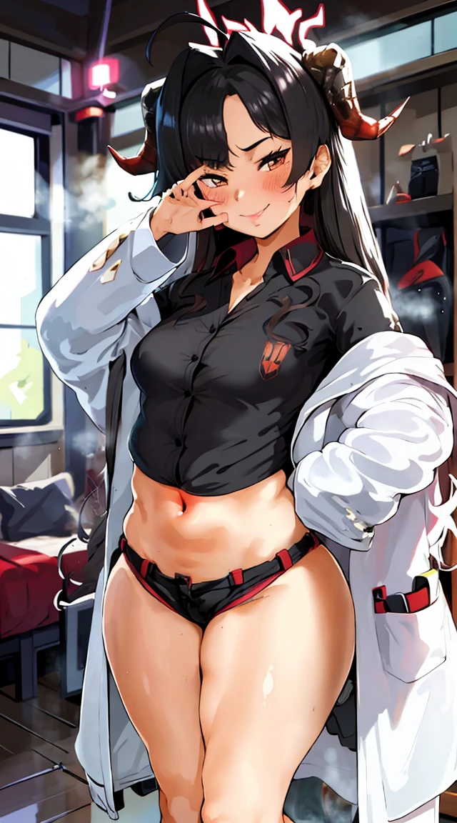 (extremely detailed CG), (best quality), perfect face, shiny skin, lustrous skin ,narrow waist, 1girl,solo, wide ????, KasumiKinugawa, sleeves past wrist,short shorts,fang,labcoat,demon tail, sandals, bangs,long sleeves, tail, coat,red short, shorts, ahoge, horns, long hair,white coat,hair intakes, black hair,collared shirt, indoors, standing, paw pose, smile,