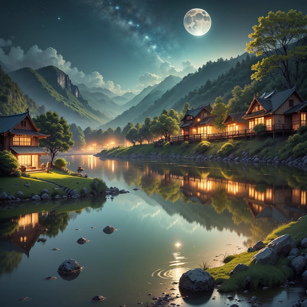 night scene with some house asian, vietnam, viet nam, ha giang, moon, lake in the foreground, calm night, green and blue, digital illustration, 4k highly detailed digital art, night scenery, anime art wallpaper 4k, anime art wallpaper 4 k, 4k detailed digital art, nighttime nature landscape, anime art wallpaper 8 k, background artwork, beautiful art uhd 4 k, 4 k hd illustrative wallpaper