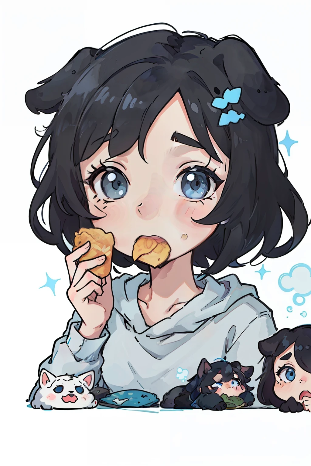 Cute puppy,black color hair,Black dog ears,Light blue eyes,Various expressions,Idle,Eat potato chips,expression,adorable eyes,White BE, illustration-nii 5-style cute, emoji as illustration set, with boold manga line style,
dynamic pose dark white,,f/64 groups,related characters,Old
Meme Kernel