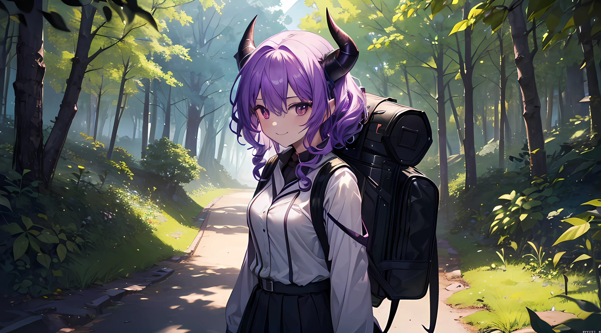 (1 demon girl), front lighting, demon horns, green adventurer uniform, adventurer backpack, detailed face, walking in beautiful valley on daytime, purple hair, glare, curly hair, toothy smile, front lighting, 8k, masterpiece, ultra HD,
