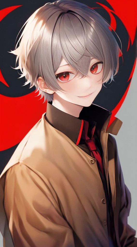 A slight smil、greyt hair、red eyes、1boy