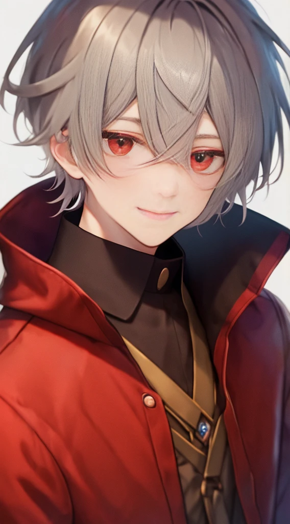 A slight smil、greyt hair、red eyes、1boy