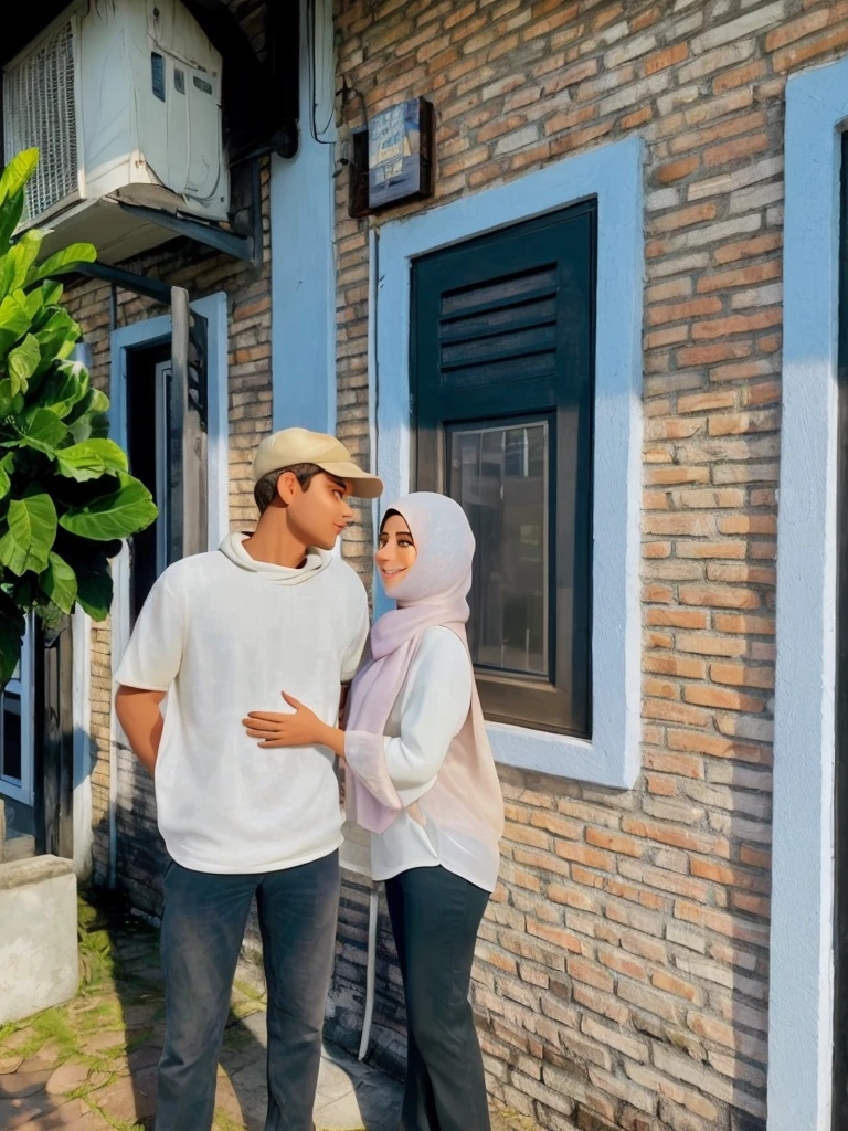 there are two people standing outside of a building with a plant, couple, lovely couple, 😭 🤮 💕 🎀, 🤬 🤮 💕 🎀, standing outside a house, in front of the house, happy couple, couple pose, photoshoot, by Abidin Dino, taken in 2 0 2 0, by Ella Guru, 😭🤮 💔, colored photo. He wear plain white cloth and soft brown cap.she wear plain white scarf and smile to her boyfriend.she so beautifull and he look she without smile