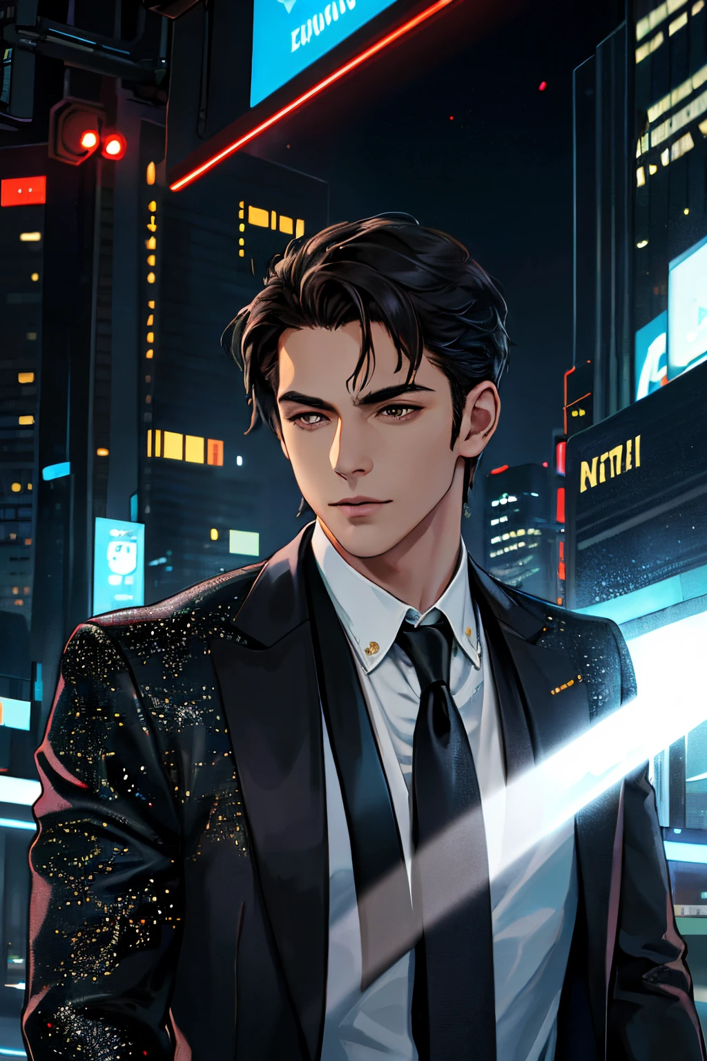 Anime man in a suit and tie standing in a city at night - SeaArt AI