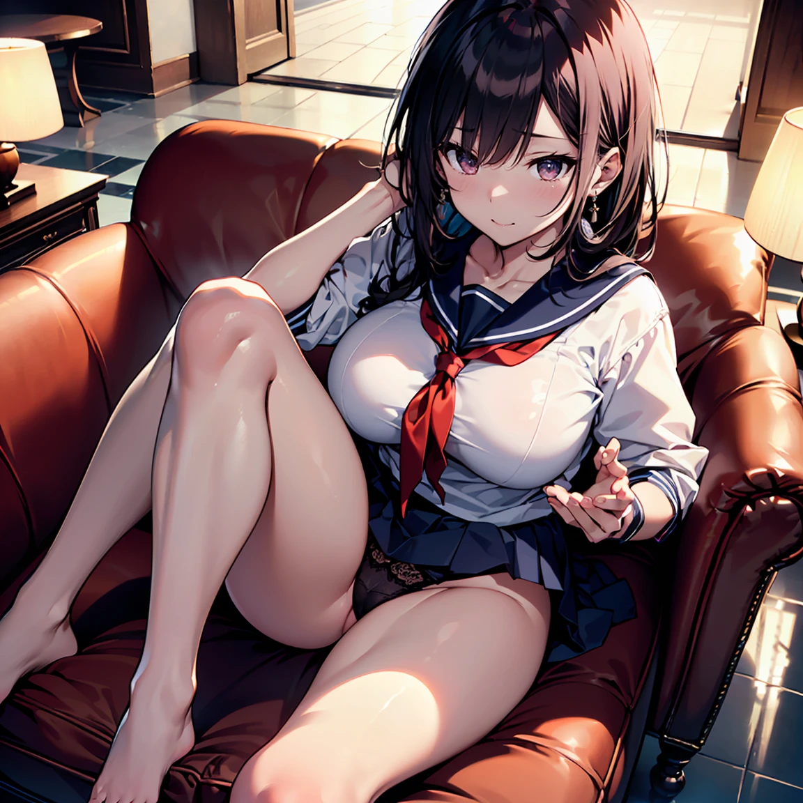 (top-quality,High resolution,(Ultra high definition,4K), (Ultra High Resolution,8K),masutepiece:1.2), (Perfect Anatomy,Anatomically accurate), Angle from above), (Soft lighting, 光线追踪), (Two cute high school girls), (Put your hand over your mouth), ((Sitting on a sofa in the lobby of a luxury hotel and opening your legs)), (Girls' High School Sailor Uniform), (Red lace panties), (Crisp double eyelids), (fascinated expression),(Large breasts:1.3), NSFW,(Soft skin), (Photorealistic), (Glowing skin), (colourful hair)
