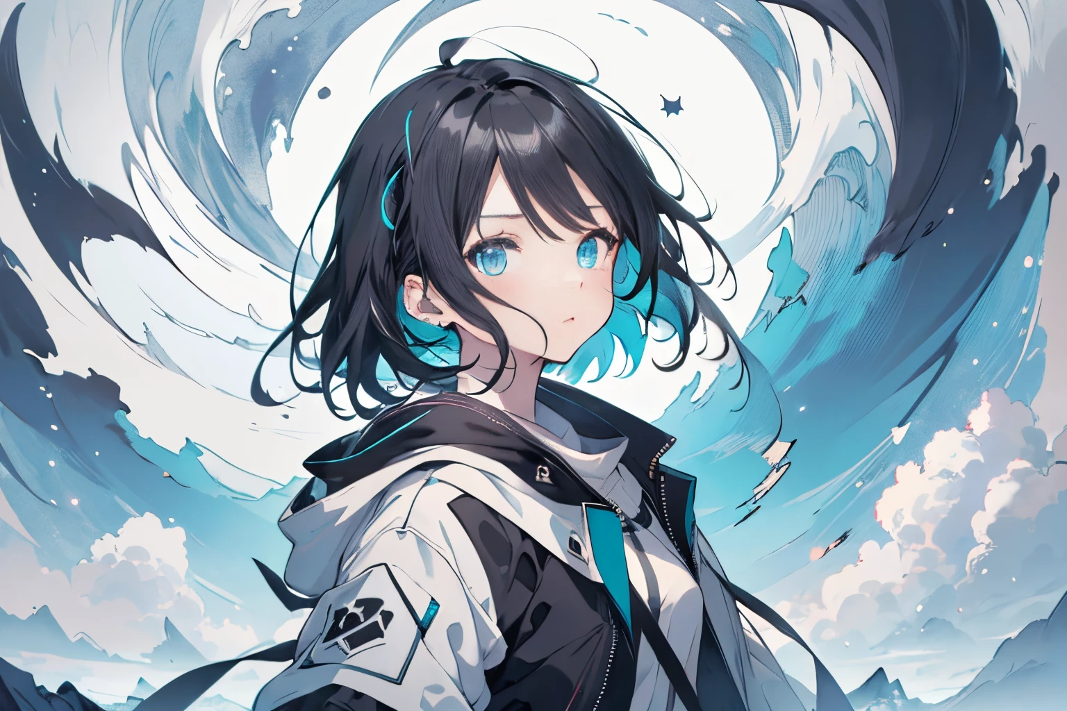 【Highest Quality, masutepiece】,Manteau, expressioness, front facing,1 girl in, Turquoise eyes,  jet-black hair, Jacket (Gray white background:1.4), (night sky background:1.3),