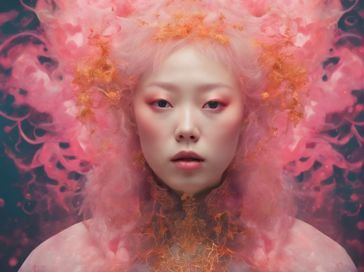 photo RAW, (Black and pink : Portrait of a ghostly albino-Korean girl-cotton candy hybrid, shiny aura, deep thought cosmic, highly detailed, gold filigree, intricate motifs, organic tracery, by Android jones, Januz Miralles, glowing stardust by W. Zelmer, perfect composition, smooth, sharp focus, sparkling particles, lively coral reef background Realistic, realism, hd, 35mm photograph, 8k), ,