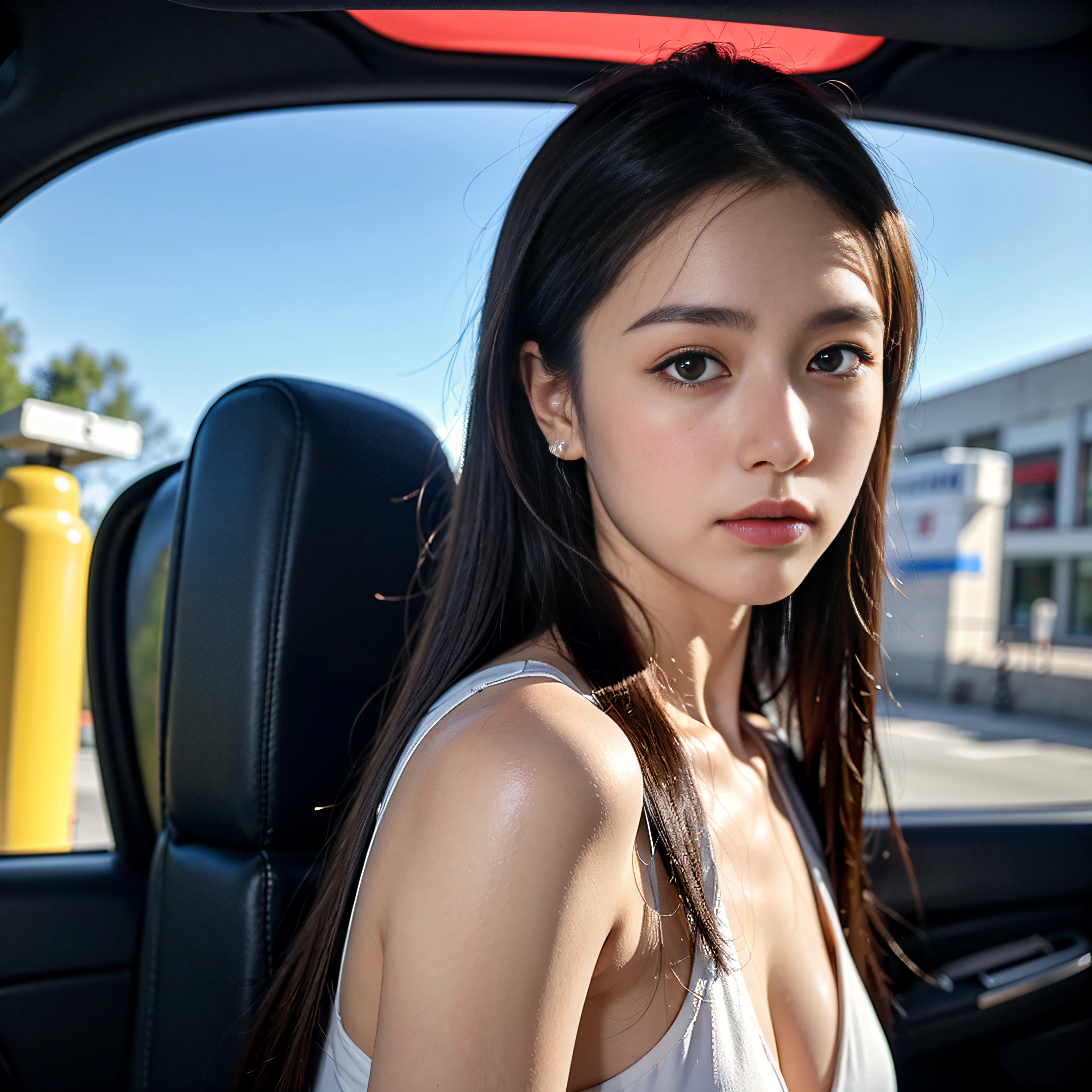 One Japan Woman、A dark-haired、Hair shaking、long eyeslashes、Eyes of a filled circle、Light smile、Ear red face、slenderbody、Circuit field、Posing in a leotard in front of an F1 machine、surrealism、drop shadow、anaglyph、stereograms、Tachi-e、Gonzo、Atmospheric perspective、8K、ultra-detailliert、ccurate、top-quality、UHD、hight resolution