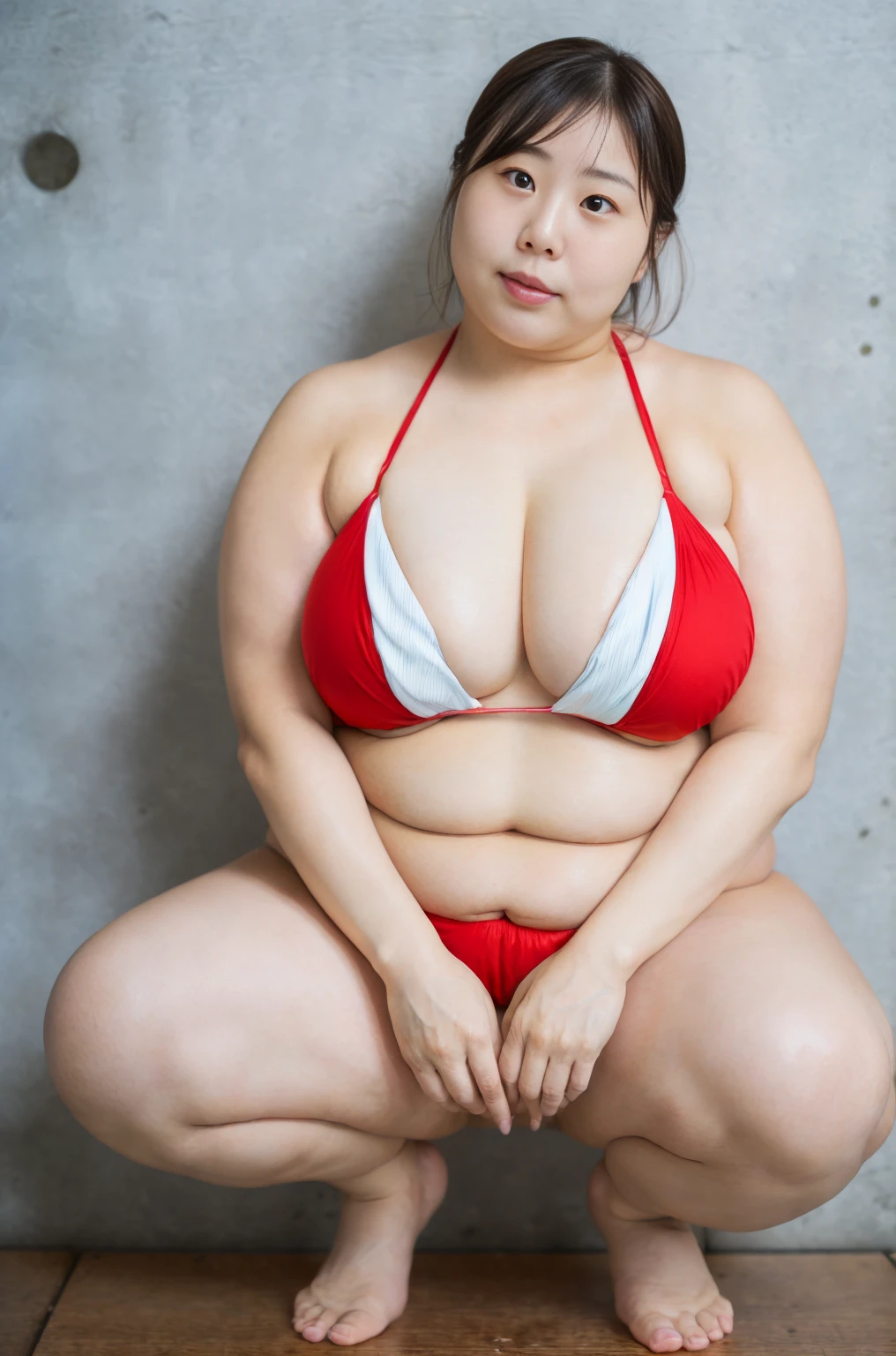 1 Japanese girl,White skin,Sweat,(fat),(very fat face),(Japanese girl,White skin,Sweat,(fat),(Big Beautiful Woman),(over 250kg),(Fat cheeks),(Fat chin),(upturned nose),(Big tits),((1 umbilicus)),(Fat hips),(Fat belly),(Fat legs)Very realistic,Sea side,(Red Micro bikini),(Squat),