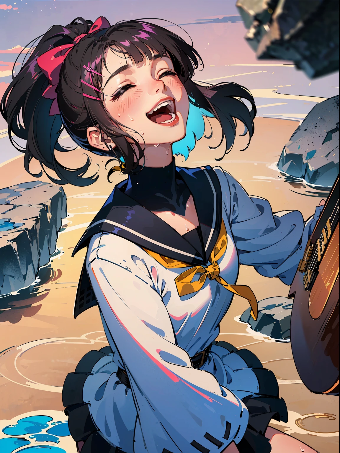 ((((Sharp focus,Vaporwave,closed eyes,opened mouth,laughing,happy,sweaty skin,))))((playing guitar,))(Masterpiece illustration,Beautiful and aesthetic:1.2,aim to viewers,from above), Best quality,Top quality, Epic quality,((((pond,))))(Sun glare, god light,))Neat face,underage,Young,Beautiful detailed hair,black hair,hyper HD, retinas, Textured skin, A high resolution, 16k ,((hairclip,blunt bangs,long sidelocks,short hair,Large bow on ponytail)),Detailed face, 1JK, 1girl,Solo, Perfect face, Very amazing girl,(black sailor uniform,White sailor tie at front),rim-light,((rock and roll))