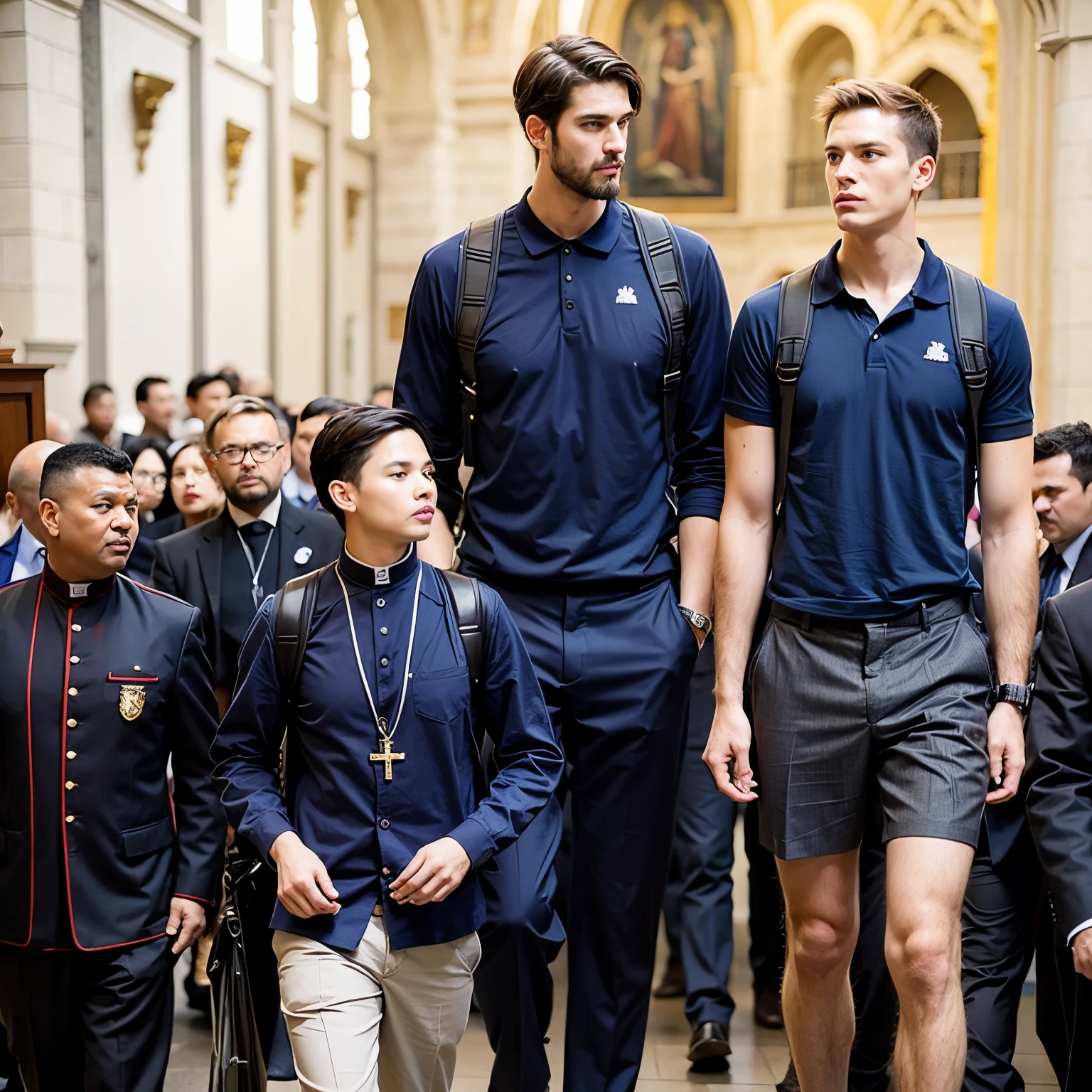 two incredible tall men with dark blue polo shirt, a group of priests, church