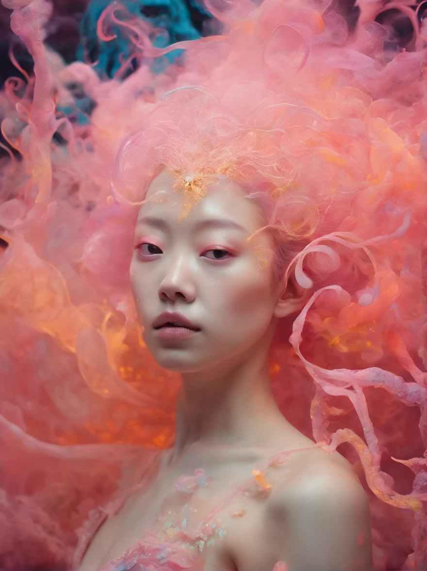 photo RAW, (Black and pink : Portrait of a ghostly albino-Korean girl-cotton candy hybrid, shiny aura, deep thought cosmic, highly detailed, gold filigree, intricate motifs, organic tracery, by Android jones, Januz Miralles, glowing stardust by W. Zelmer, perfect composition, smooth, sharp focus, sparkling particles, lively coral reef background Realistic, realism, hd, 35mm photograph, 8k), ,