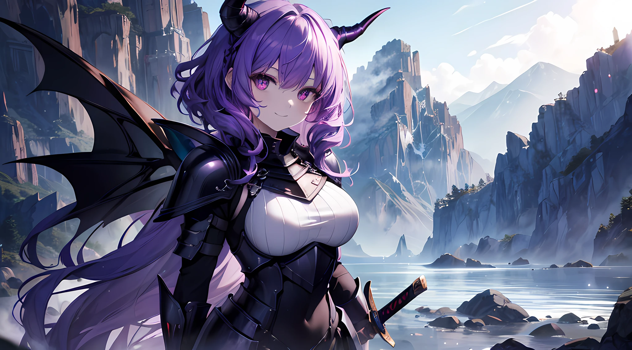 (1 demon girl), front lighting, demon horns, armored knight uniform, sword on her back, detailed face, walking in beautiful valley on daytime, purple hair, glare, curly hair, toothy smile, front lighting, 8k, masterpiece, ultra HD,