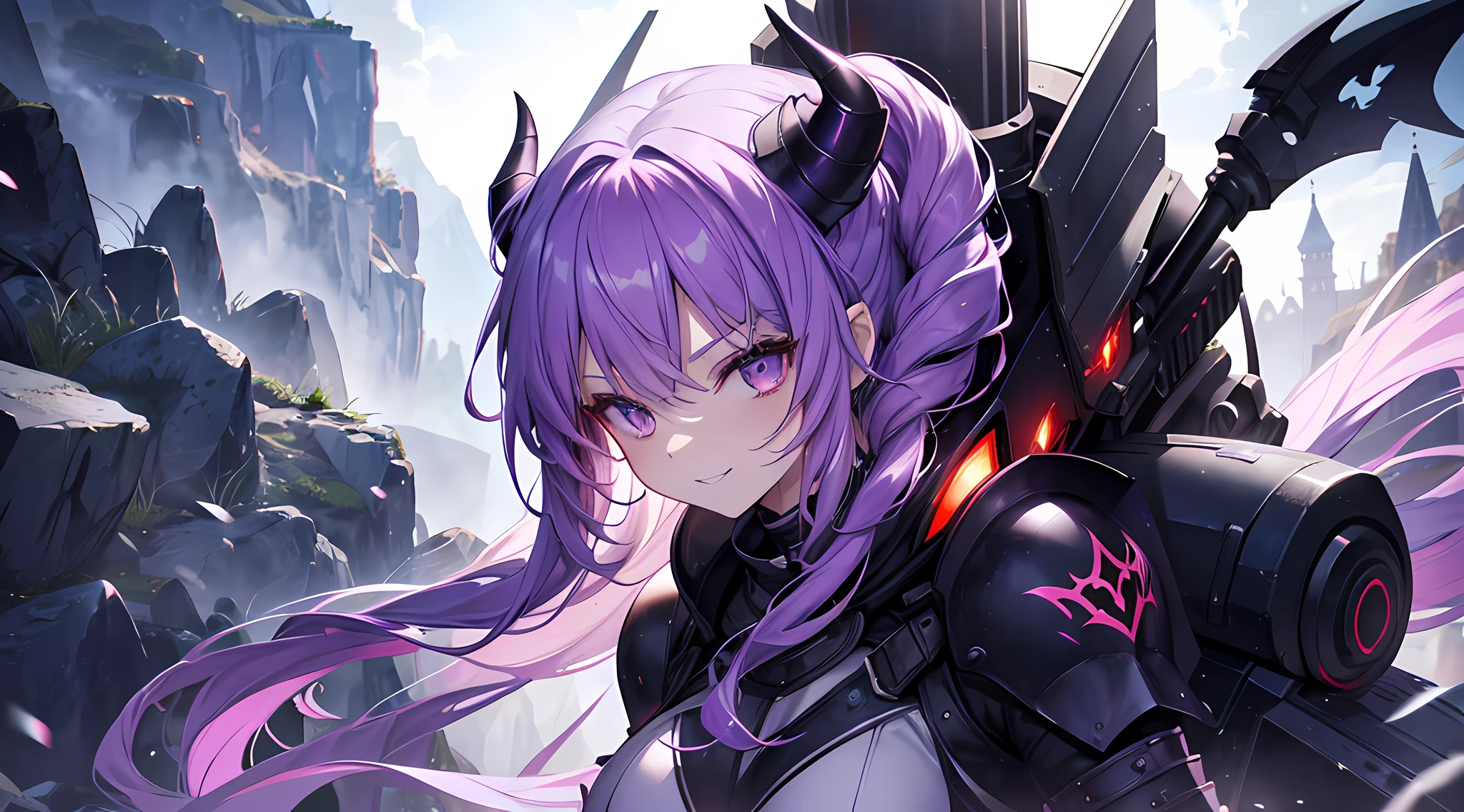 (1 demon girl), front lighting, demon horns, armored knight uniform, sword on her back, detailed face, walking in beautiful valley on daytime, purple hair, glare, curly hair, toothy smile, front lighting, 8k, masterpiece, ultra HD,