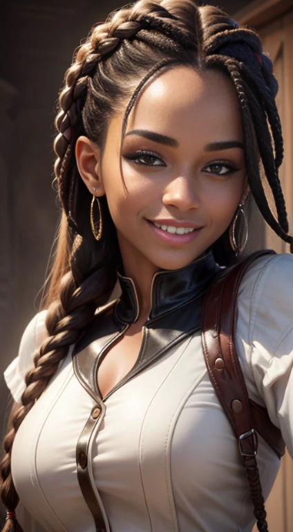 quality (photo realistic style, UHD, 16k, textured leather, hight resolution), a portrait of a beautiful woman, The perfect female face, African braids hair, wicked smile, white blouse