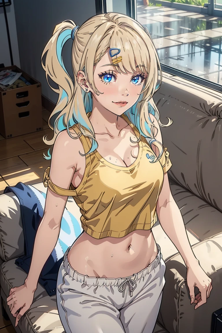 ShirakawaRuna, 1girl, blonde hair, multicolored hair, bangs, one side up, long hair, blue eyes, hairclip, jewelry, earrings,gyaru,large breasts,,volumetric lighting, best shadows, , portrait of stunningly beautiful girl, suggestive sexy eyes, Delicate Beautiful attractive face With alluring Blue Eyes, Sharp Eyebrows, Blush, Smirk, Lovely Big Breasts, Short Blonde Hair with colored streaks, Blush Eyeshadow, Thick Eyelashes, Soaking Wet Clothes And Hair, See-Through Tank Top, Open Navel, white panties, Cloudy Rainy Sky, Standing At The Rural Village Bus Stop In The Pouring Rain, Village Gravel Road, Looking Up The Sky, Puddle Water, Rainy Foggy Rustic Scenery, (Highest Quality, Amazing Details:1.25), (Solo:1.3), Brilliant Colorful Paintings



volumetric lighting, best shadows, cute sexy girl, naughty face, short blonde hair with colored streaks, colorful hair, suggestive sexy eyes, detailed blue eyes, small nose, evil smile, smirk, lips, blushing hard, neck, collarbone, large breast, huge-breasted，pornographic exposure，cleavage, wide hips, lustful look, (highest quality, amazing details:1.3), (solo:1.3), 独奏, masterpiece, colorful, (extremely detailed 8k CG)

(Wearing：oversized yellow t shirt, yellow shirt, sweatpants comfortable indoor clothes)

(Background：indoors, sofa, living room, couch)