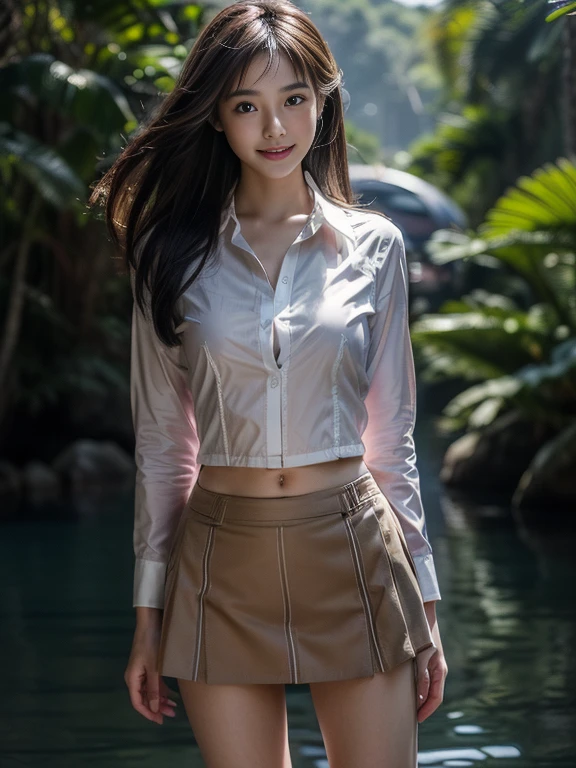 ((top-quality、in 8K、​masterpiece:1.3、Raw photo))、Super high quality photos, On a small boat sailing through a tropical jungle, ((Wearing a business suit with jacket and skirt)), ((Beautiful Japanese woman inside the gondola)),((Wear a white blouse shirt under the jacket)), ((Perfect beauty 20 year old idol Japan woman)), ((burst into laughter)), ((protruding nipples under the shirt,,)), ((slim figure)), ((Slim legs)), ((slim thigh)), (Photorealistic: 1.4), (Ultra-high detail), (hyper realisitic: 1.4), (Realistic: 1.3), (Smooth lighting: 1.05), Full body, 1girl in, Solo, (Japanese actressl),　20yr old, cinematlic lighting, ((Leaner figure)), Good anatomy, Correct anatomy, On a small boat sailing through a tropical jungle, ((Perfect beauty 20 year old idol Japan woman)), ((Slim legs)), ((slim thigh)), ,((Perfect beauty)), ((He has a small camping bag in one hand.)), ((Panties are visible through the skirt)), ((burst into laughter)), ((camel's toe)), ((Wearing a business suit with jacket and skirt)), ((Hands on the crotch)).