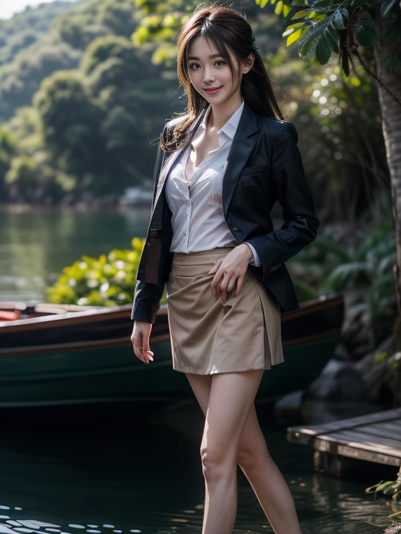 ((top-quality、in 8K、masterpiece:1.3、Raw photo))、Super high quality photos, On a small boat sailing through a tropical jungle, ((Wearing a business suit with jacket and skirt)), ((Beautiful Japanese woman inside the gondola)),((Wear a white blouse shirt under the jacket)), ((Perfect beauty 20 year old idol Japan woman)), ((burst into laughter)), ((protruding nipples under the shirt,,)), ((slim figure)), ((Slim legs)), ((slim thigh)), (Photorealistic: 1.4), (Ultra-high detail), (hyper realisitic: 1.4), (Realistic: 1.3), (Smooth lighting: 1.05), Full body, 1girl in, Solo, (Japanese actressl), 20yr old, cinematlic lighting, ((Leaner figure)), Good anatomy, Correct anatomy, On a small boat sailing through a tropical jungle, ((Perfect beauty 20 year old idol Japan woman)), ((Slim legs)), ((slim thigh)), ,((Perfect beauty)), ((He has a small camping bag in one hand.)), ((Panties are visible through the skirt)), ((burst into laughter)), ((camel's toe)), ((Wearing a business suit with jacket and skirt)), ((Hands on the crotch)).