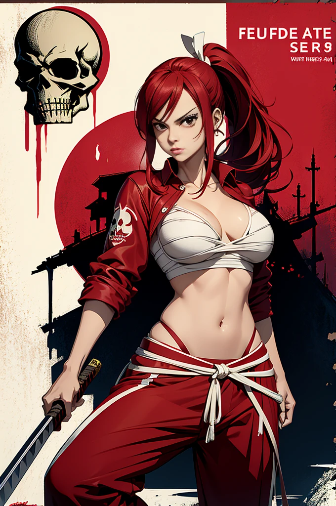 (Masterpiece, Best Quality), 8k Wallpaper, highly detailed, poster, Voodoo priestess, 1970s, exploitation, skulls, bones, sexy, erotic,fairy tail, 1girl, long hair, red hair, ponytail, white ribbon, brown eyes, large breasts, collarbone, chest sarashi, bandage, bare arms, midriff, red hakama, red pants, standing, holding weapon, sword, katana, outdoors, horror thriller cinematic movie poster, Bauhaus, shapes, lines, abstract, propaganda, movie poster, vintage, highres,