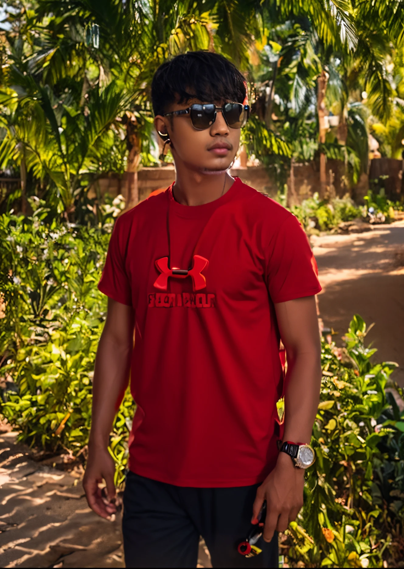 Stethoscope on his shoulders, red T shirt, expensive watch,