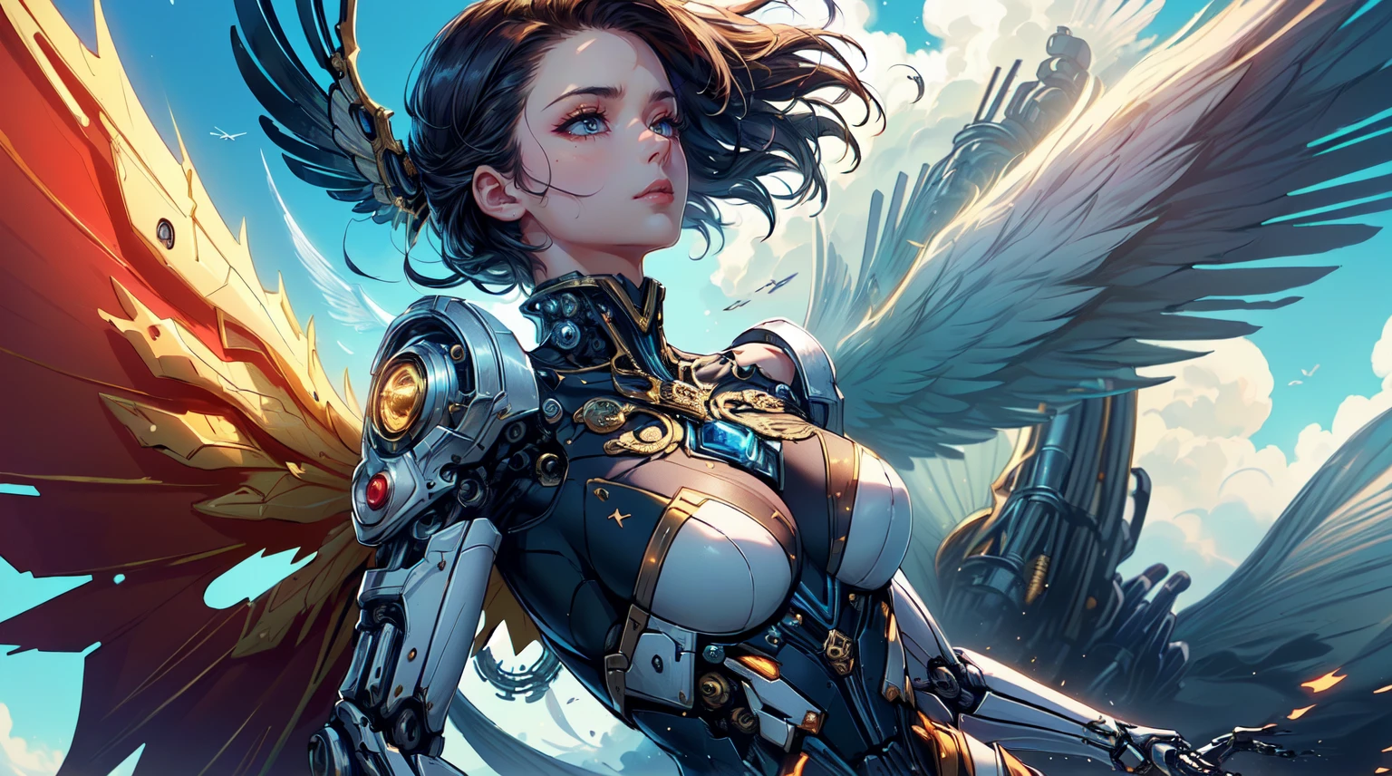((masterpiece)),(best quality), ((aristocrats ((flying)) (((1girl))) android warrior)), realmech, ((cinematic)), ambient occlusion, Nvidia ray tracing, dynamic:1.2, (absolutely eye-catching), (mechanical parts:1.3), makeup, (elegant medieval dress), shadows, (dynamic shot:1.2), dark, high contrast, particles:1.2, thriller:1.3, ((in sky:1.5)), (close shot:1.4), (intricate cinematic background:1.2), (pastel:1.2), (Levitation:1.2), (Mechanical wings and jet engines:1.5), ((wind, motion blur:1.3))