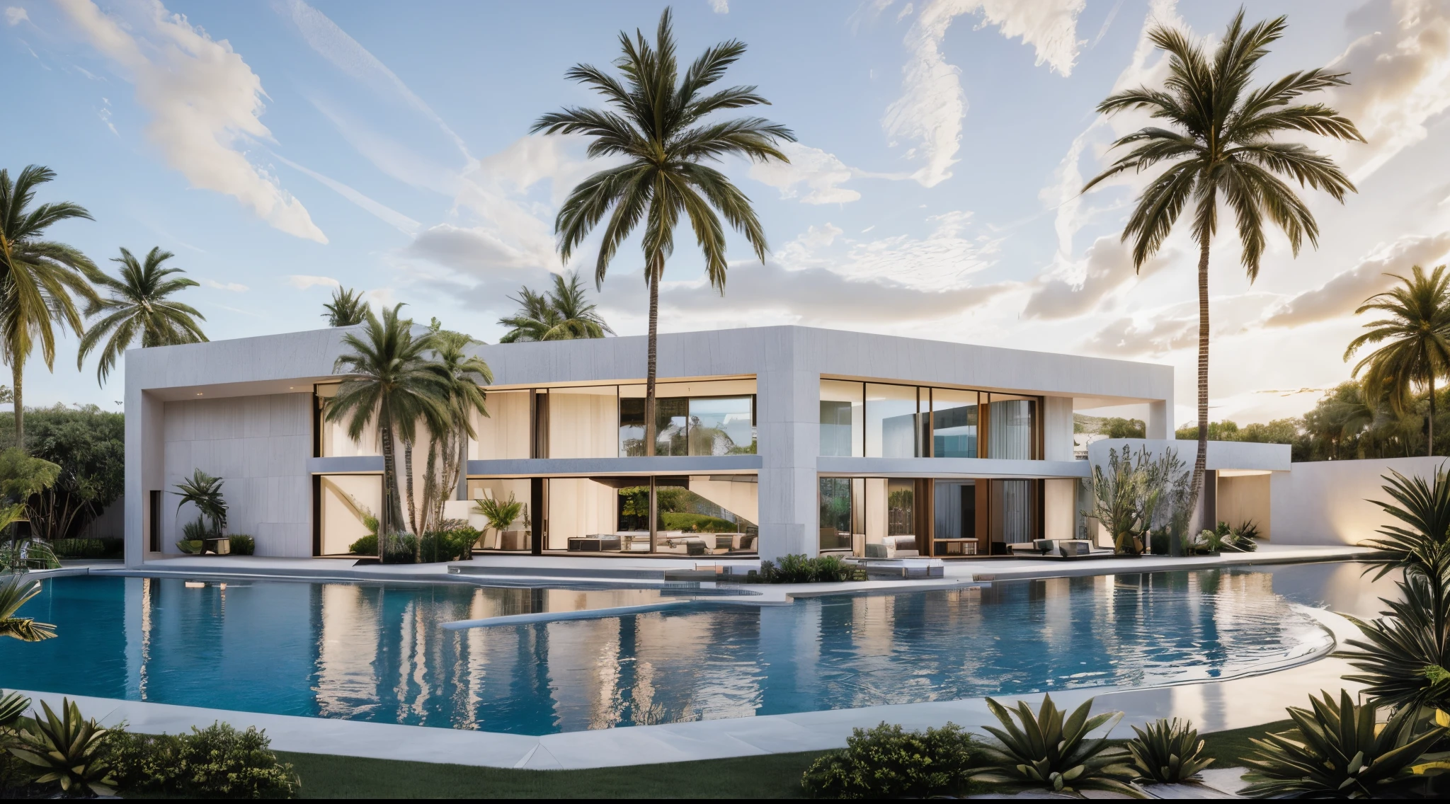 (masterpiece),(high quality), best quality, real,(realistic), super detailed,(full detail),(4k),8k,modern house exterior design,Modern architecture,white_house,Beautiful_sky,sunrise_light,(gentle light),((no_strong_contrast)), no_humans, outdoors,sky,((Tropical_trees)),Coconut_trees,Palm trees,Pool and Garden_flower_front_of_building,pool villa,(strong interior light),