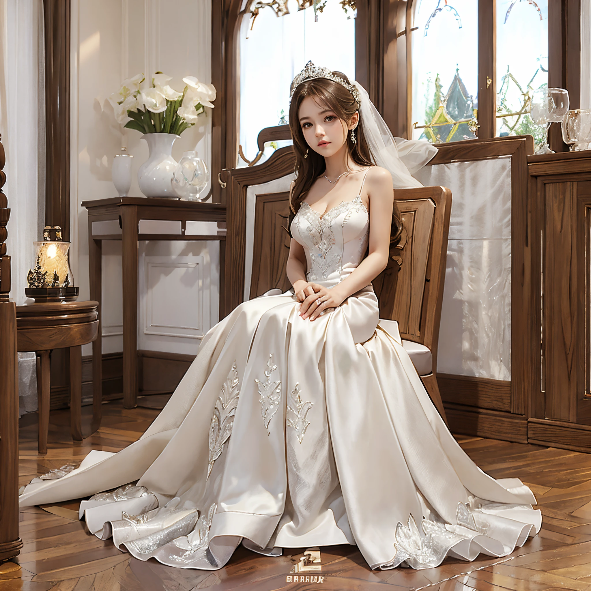 Hyper detail, solo, 1girl, wedding gown, big breast:1,7, inside luxury bedroom, sad face, sit on chair near window, cg realistic, sharp eye, lens flare, detail background, 8k, professional artist