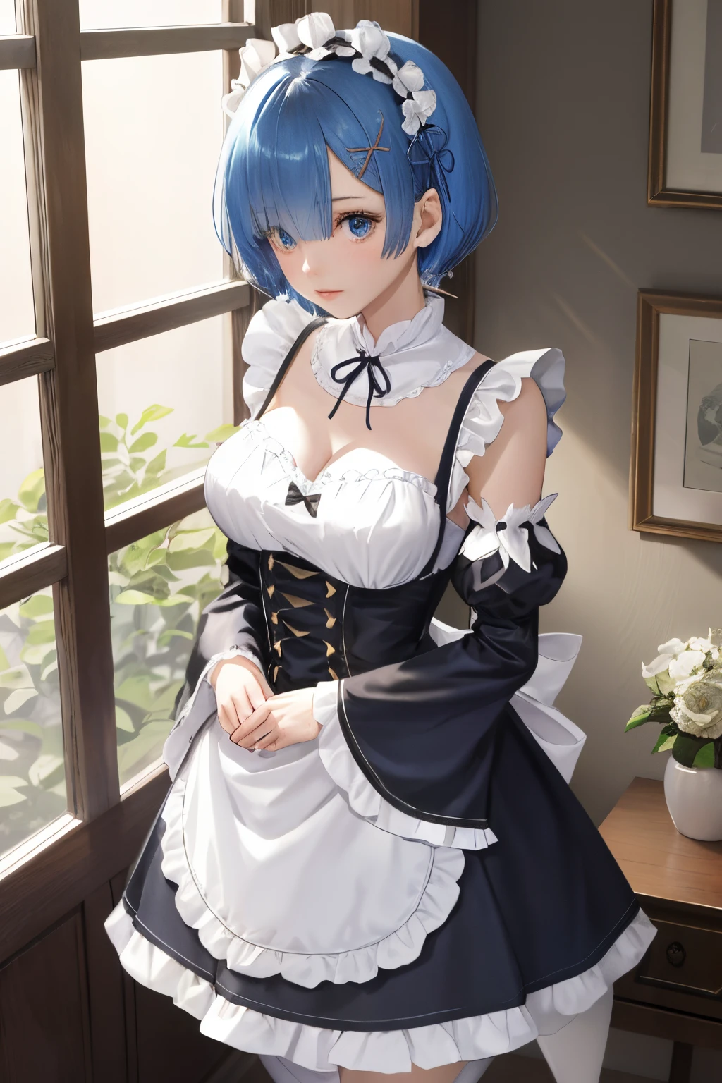 High, sharp focus, Pixiv masterpiece, ((intricate details)), very detailed, upper body, 1girl, rem_re_zero, blue hair, short hair, maid uniform, hair ornament, neckline, maid's headdress, separate sleeves, ribbon, full body, raised dress, exposed panties, white panties.