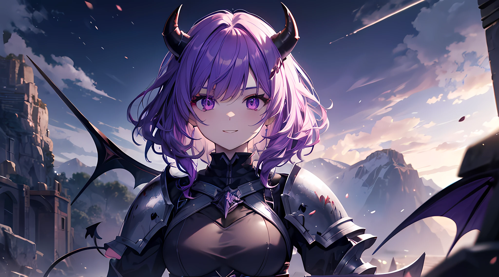 (1 demon girl), front lighting, demon horns, armored knight uniform, sword on her back, detailed face, walking in beautiful valley on daytime, purple hair, glare, curly hair, toothy smile, front lighting, 8k, masterpiece, ultra HD,
