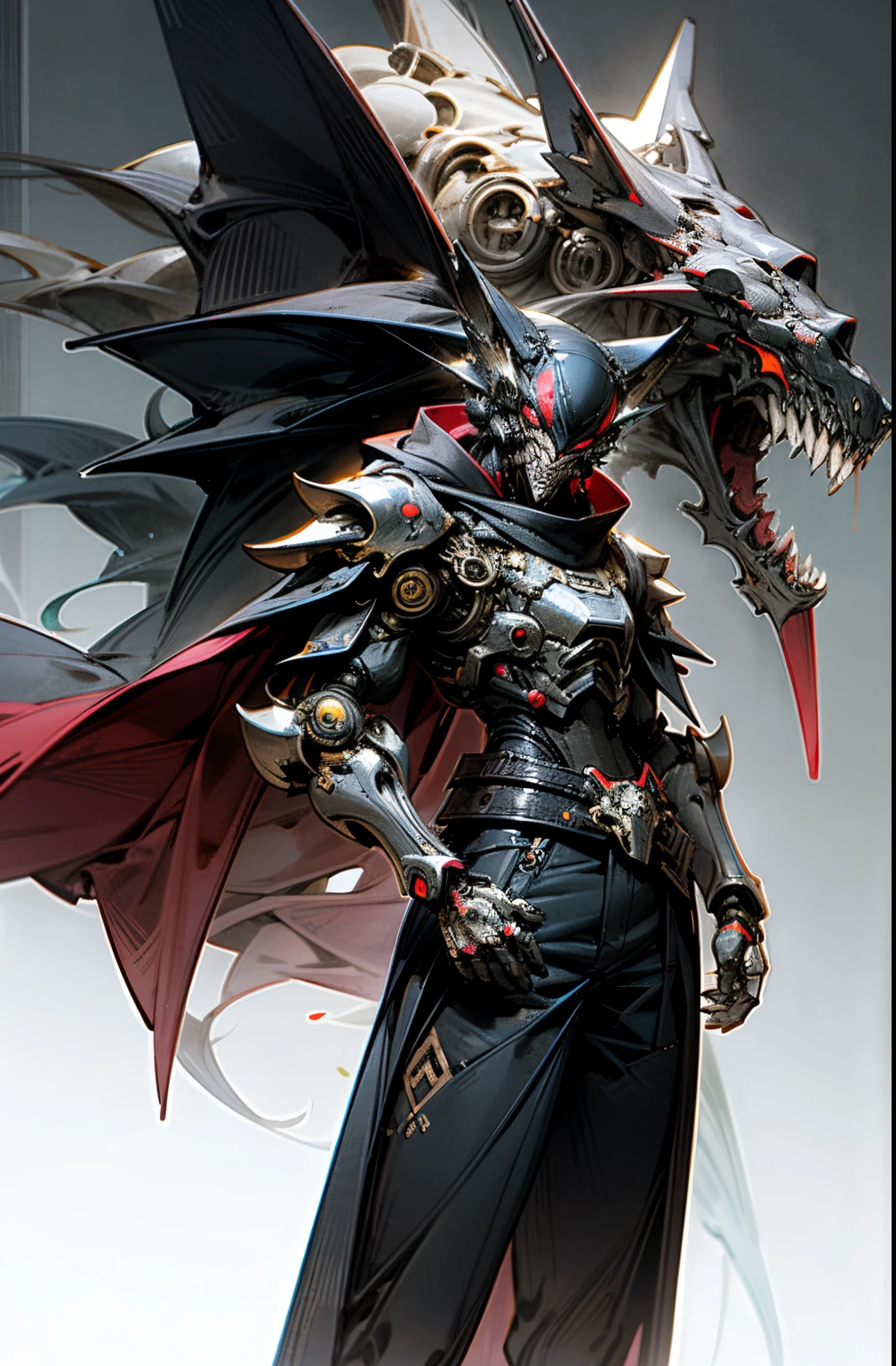 Dark_Fantasy, Cyberpunk, phenomenal, superhero, mechanics, robotic presence, cybernetic guardian, wolf mechanical armor, katana on waist, absolutely stunning art, with a black cape, highest quality art, highest resolution, hyper detailed, black and red, futuristic, samurai robot, atmospheric, 8k, 64k, HD, unparalleled masterpiece, dynamic lighting, cinematic, epic, hollowdeath568