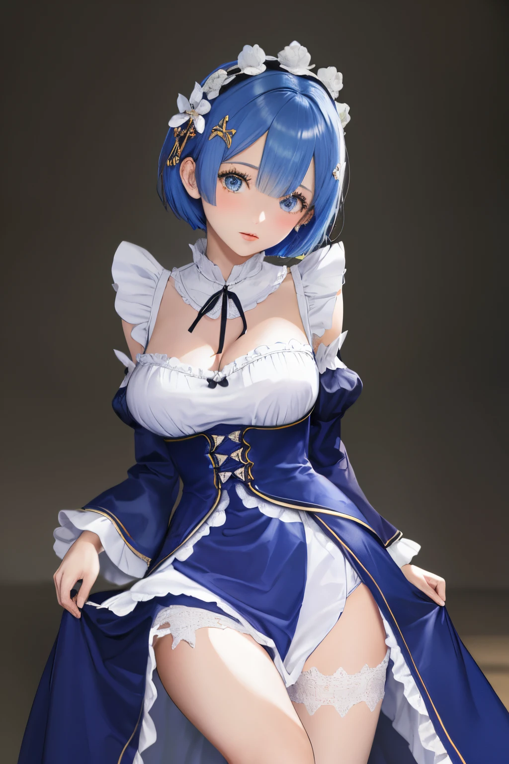 tall, Focus sharp, Pixiv masterpiece, ((Complicated details)), The is very detailed, The upper part of the body, 1个Giant Breast Girl, rem_Floor plan about the_lofi, Blue hair, short detailed hair, Maid uniform, hair adornments, décolleté, maid headdress, Split sleeves, ribbons, full bodyesbian, Raised dress, Expose panties, white panties.