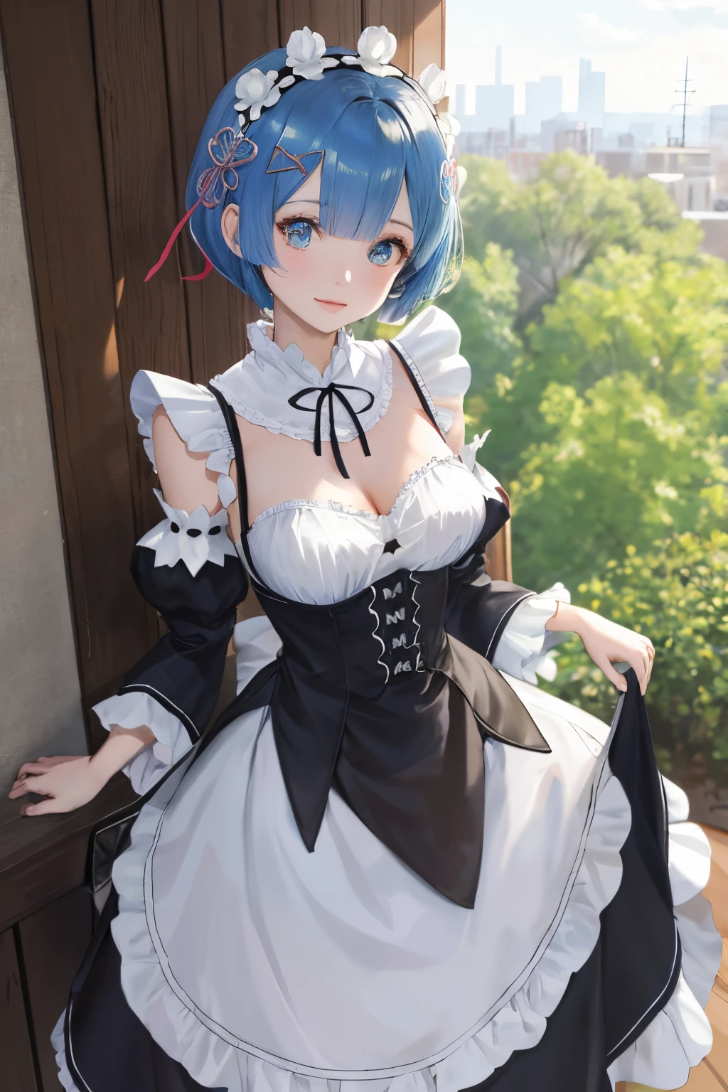 (highest quality, High resolution:1.2), (girl standing and looking at me),Maid clothes、lolita costume、 detailed and beautiful eyes, blue hair、short hair、rezero rem、Rem dense and beautiful lips, highly detailed eyes and face, long eyelashes, Moderate:oil, Bright colors, HDR, studio lighting, Ultra-fine painting, sharp focus, Physically based rendering, extreme details, portrait, curved body, Moderate胸, perfect shape, Face-to-face audience, sweaty, nice, Half-body photo, displayed in full frame, lace sexy underwear,doll、exposed bare shoulders， outside， ancient city