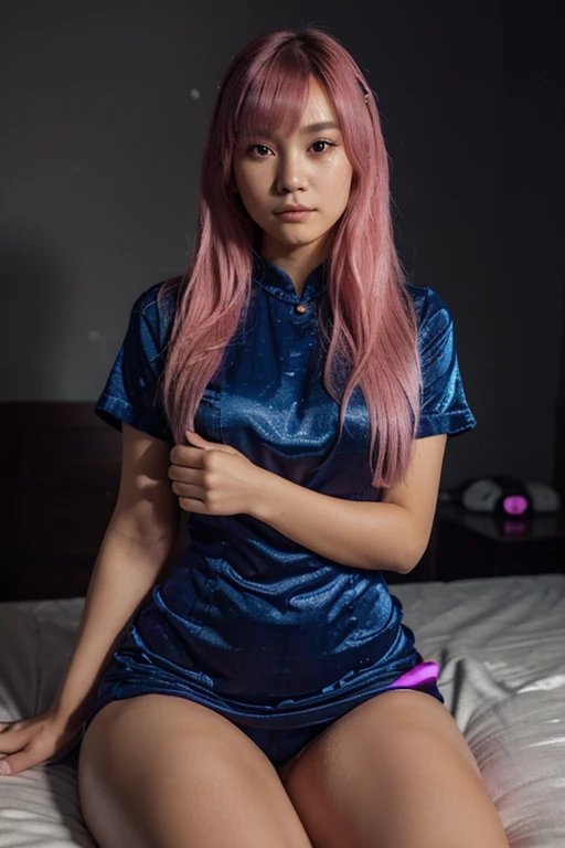 20yo woman, chinese, dark_skin, bangs, light pink hair, long hair, BREAK purple sexy dress, sitting on bed, wet skin, BREAK against PC monitor in background, rim light, very dark room, half pink and blue light, calm theme, Nikon D7500, close up shot, blurry background