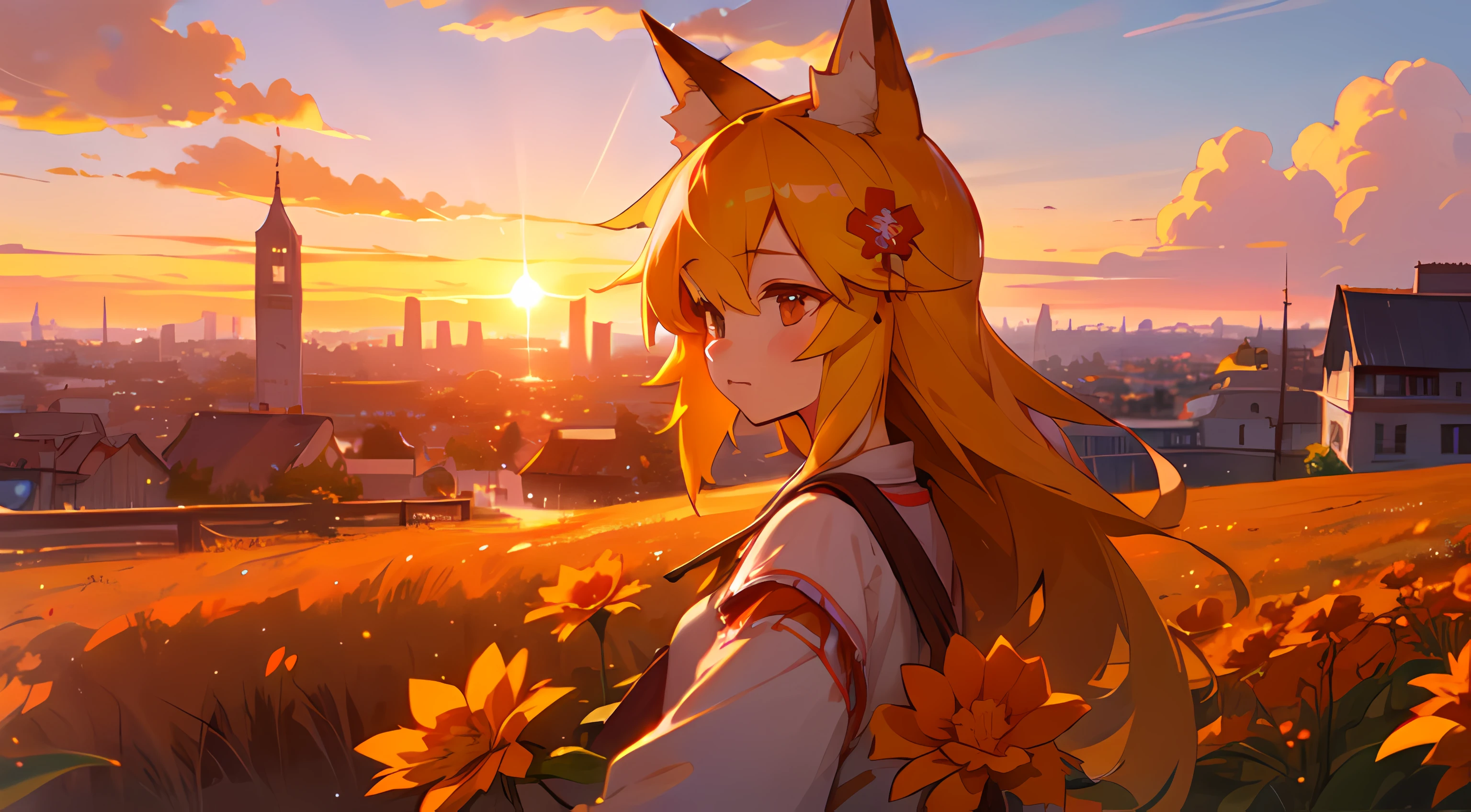 A girl, Fox ears, field, orange flowers. super detailed, detailed ears, Detail Eyes, girl 4K, Detailed flowers, beautiful clouds, detailed blocks, beautiful buildings, Beautiful city, Beautiful sunset, detailed city, detailed sunset