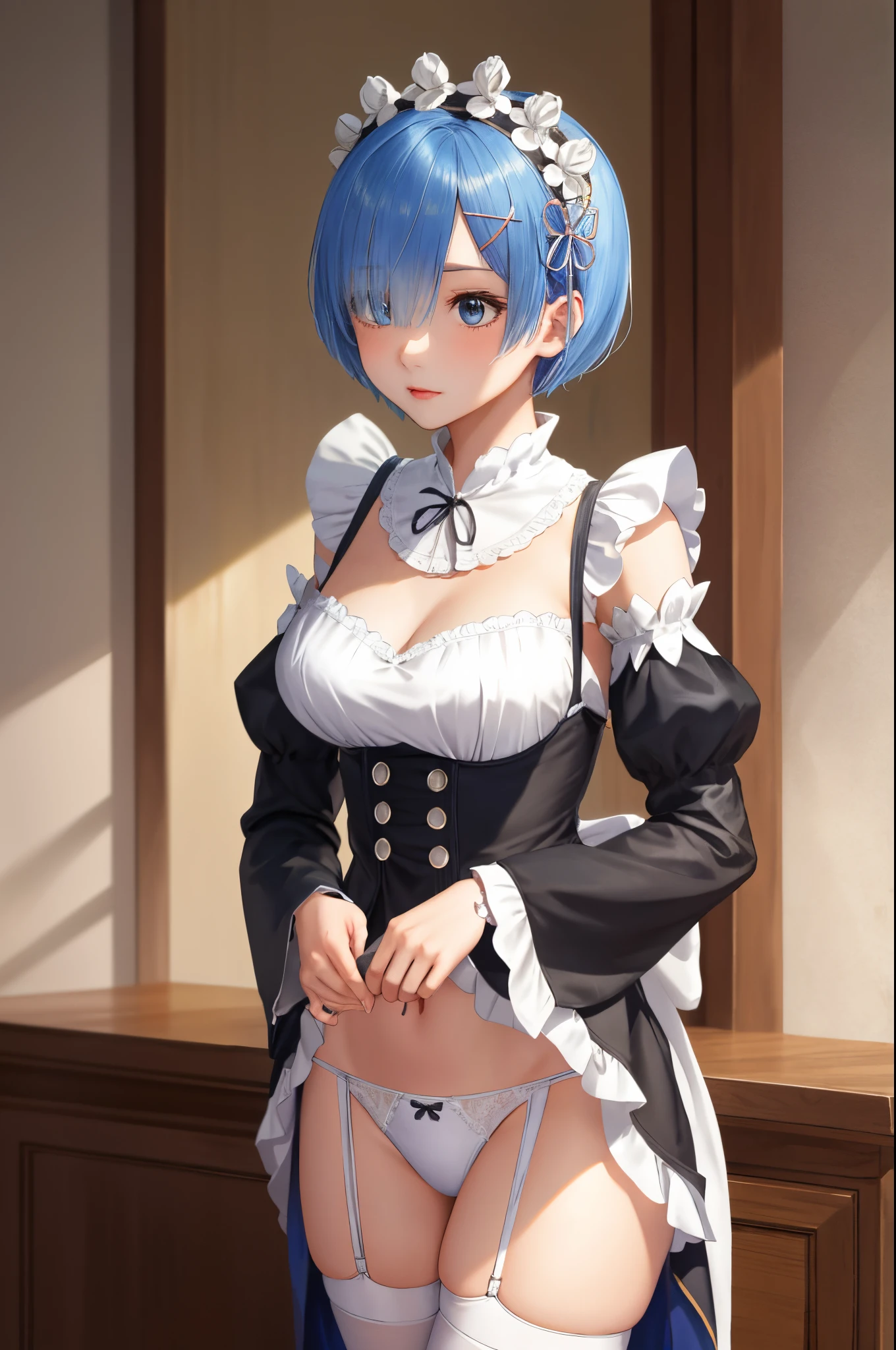 tall, Focus sharp, Pixiv masterpiece, ((Complicated details)), The content is very detailed, upper part of body, 1 busty girl, rem_floor plan about_praise, Blue hair, Short hair details, Maid uniform, hair adornments, low chest, maid headdress, Split sleeves, ribbons, Full body lesbian, Raised dress, The reveal panties, white panties.