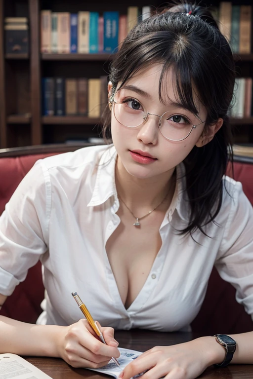 20 yo woman, black hair, short ponytail, thin frame glasses, thinking face, (wearing opened button shirt,medium breasts with cleavage), sitting, studying, BREAK, lying hand on table, holding pencil, opened book, books, a cup off milk, table lamp, BREAK, in living room, wall decor, mini library, glass window, wall clock,BREAK, cinematic light, photorealistic, masterpiece, best quality, complex CG, high detailed face, high detailed eyes,