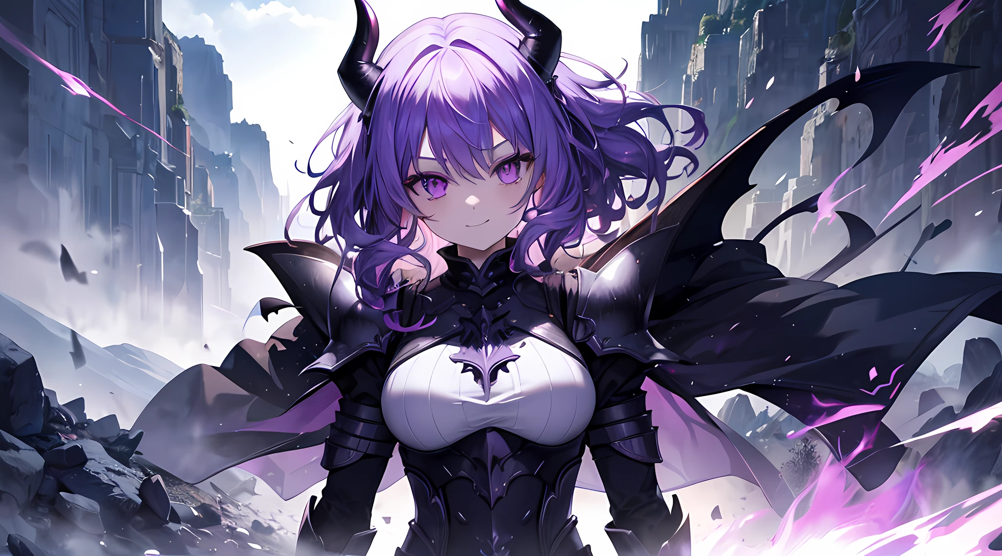 (1 demon girl), front lighting, demon horns, armored knight uniform, sword on her back, detailed face, walking in beautiful valley on daytime, purple hair, glare, curly hair, toothy smile, front lighting, 8k, masterpiece, ultra HD,