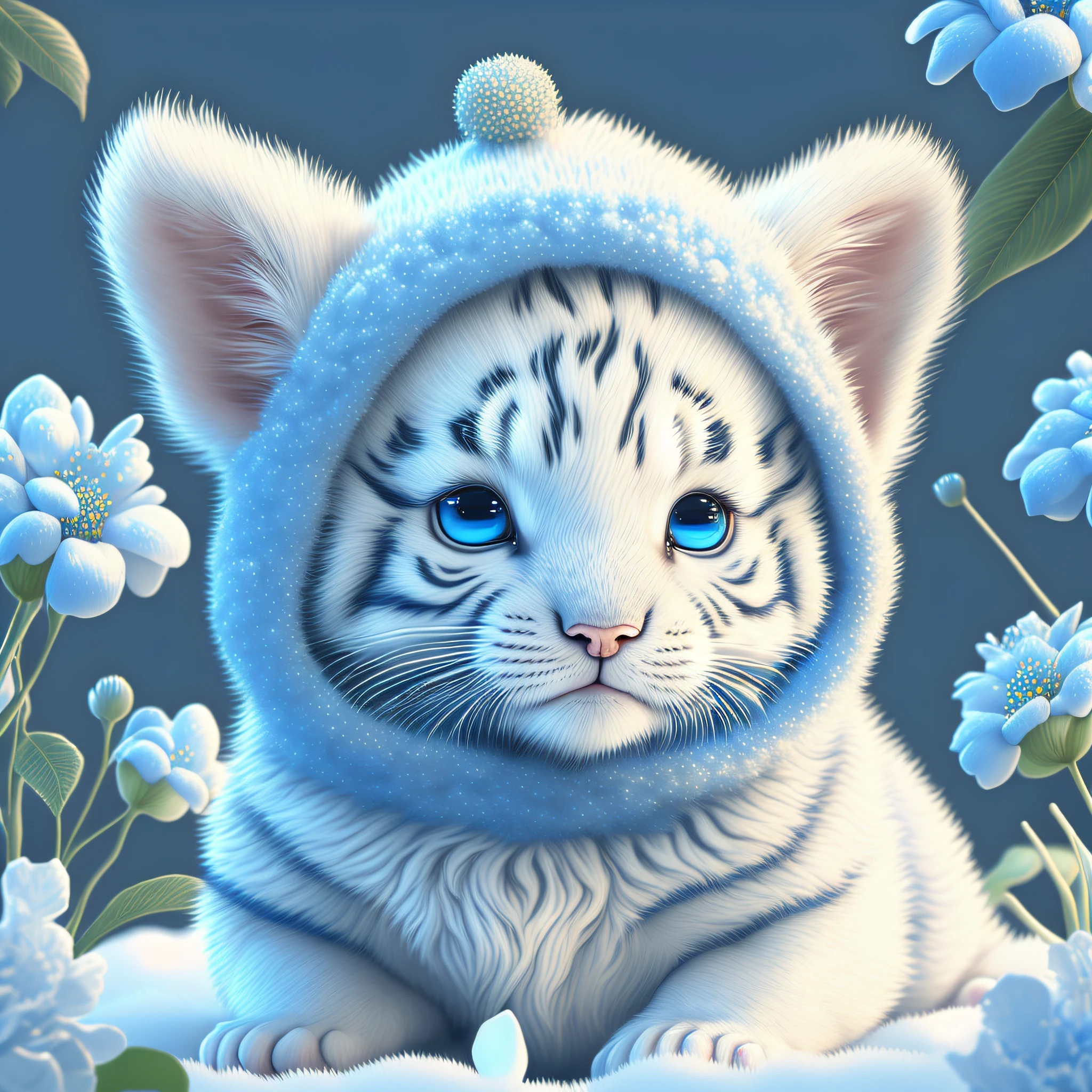 An adorable white tiger cub in this ultra-detailed CG art, surrounded by beautiful blue flowers, beste-Qualit, hight resolution, intricate detials, phantasy, Cute animals