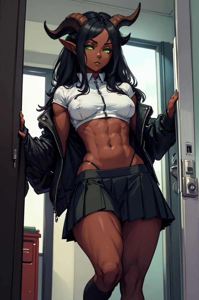 (Masterpiece) (High Detail) (High Res) (Black Skin) Looking from below A young teenage black humanoid girl with dark skin and ebony flesh and green eyes and short black hair and goat ears and short dark goat horns and a toned teen body and average to small breasts while undressed in a schoolgirl outfit wearing a pleated skirt and a school jacket at an academy locker room