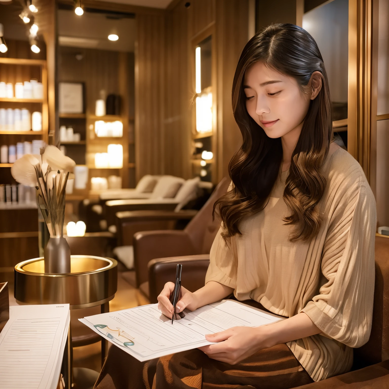 。In the image、A woman is shown filling out a counseling form in a modern and cozy Japanese beauty salon.。she is sitting comfortably、I thoughtfully fill out a detailed sheet about my hair preferences and concerns.。The interior of the salon is stylish and comfortable.、We create an ideal environment for clients to express their hairstyle needs and expectations。