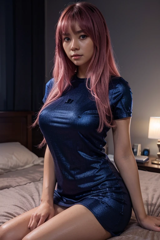 20yo woman, chinese, dark_skin, bangs, light pink hair, long hair, BREAK purple sexy dress, sitting on bed, wet skin, BREAK against PC monitor in background, rim light, very dark room, half pink and blue light, calm theme, Nikon D7500, close up shot, blurry background