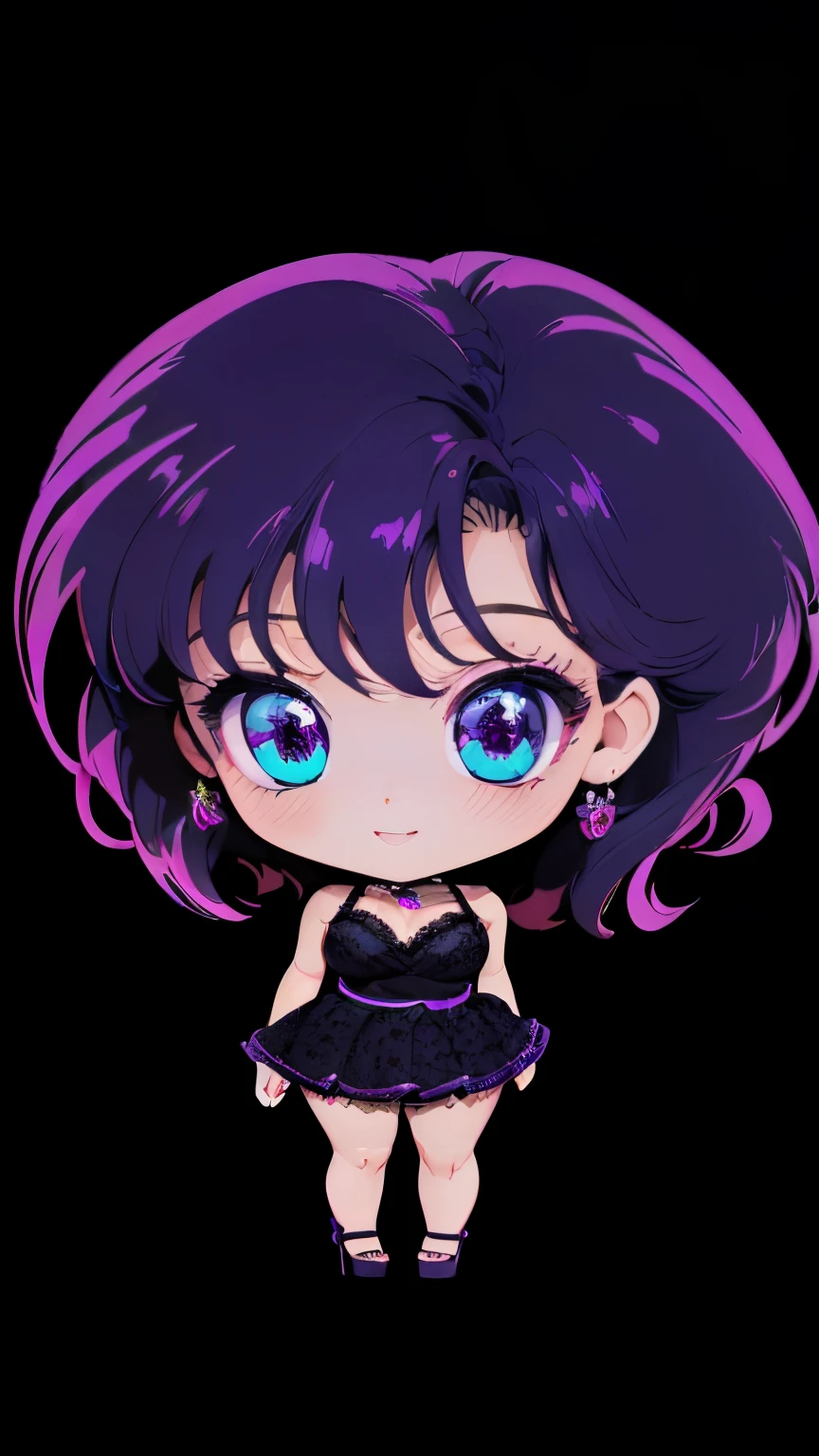 (chibi) (ultra-detailed,photorealistic:1.2), HDR, professional, vivid colors, bokeh, 3D rendering, sexy chibi girl, solo, purple hair, ahegao face, chibi, sensual, seductive pose, soft lighting, lace lingerie, high heels, boudoir photography, glamorous, confident expression, alluring gaze (chibi)