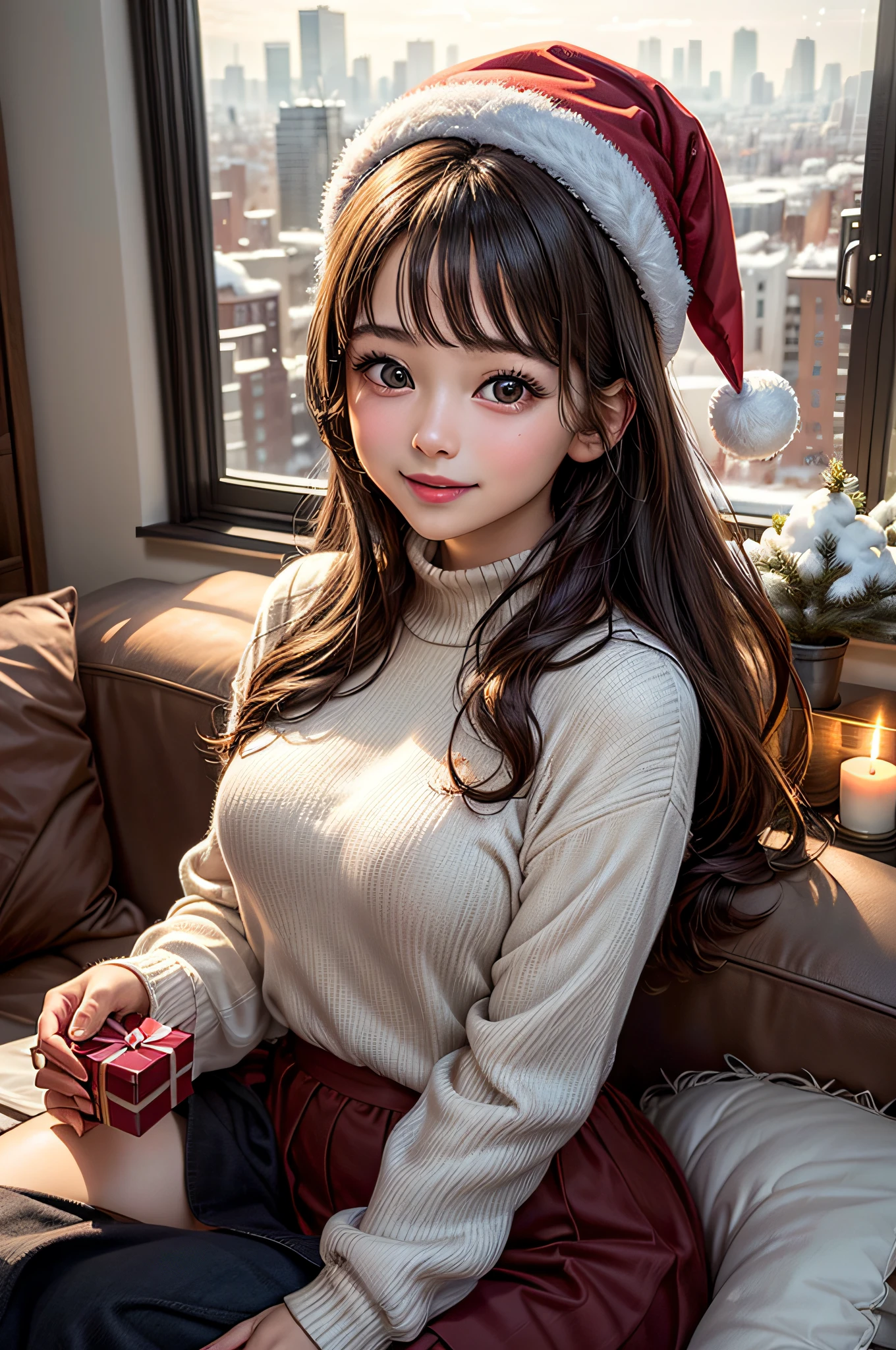 (1girl:1.3), (Extremely cute, Amazing face and eyes), happy smile, solo, realistic, santa hat, christmas, long hair, fire, long sleeves, red sweater, smile, christmas tree, scenery, fireplace, window, couch, table, indoors, cityscape, christmas lights, christmas ornaments, building, night, chair, city, carpet, lamp, rug, city lights, snowing, stuffed toy, curtains, candle, gift box, stuffed animal, snow, cup, pillow, instrument, skyscraper, sky, teddy bear, cushion, (Best Quality:1.4), photo realistic, raw photos, professional photograpy, focus on girls face,
