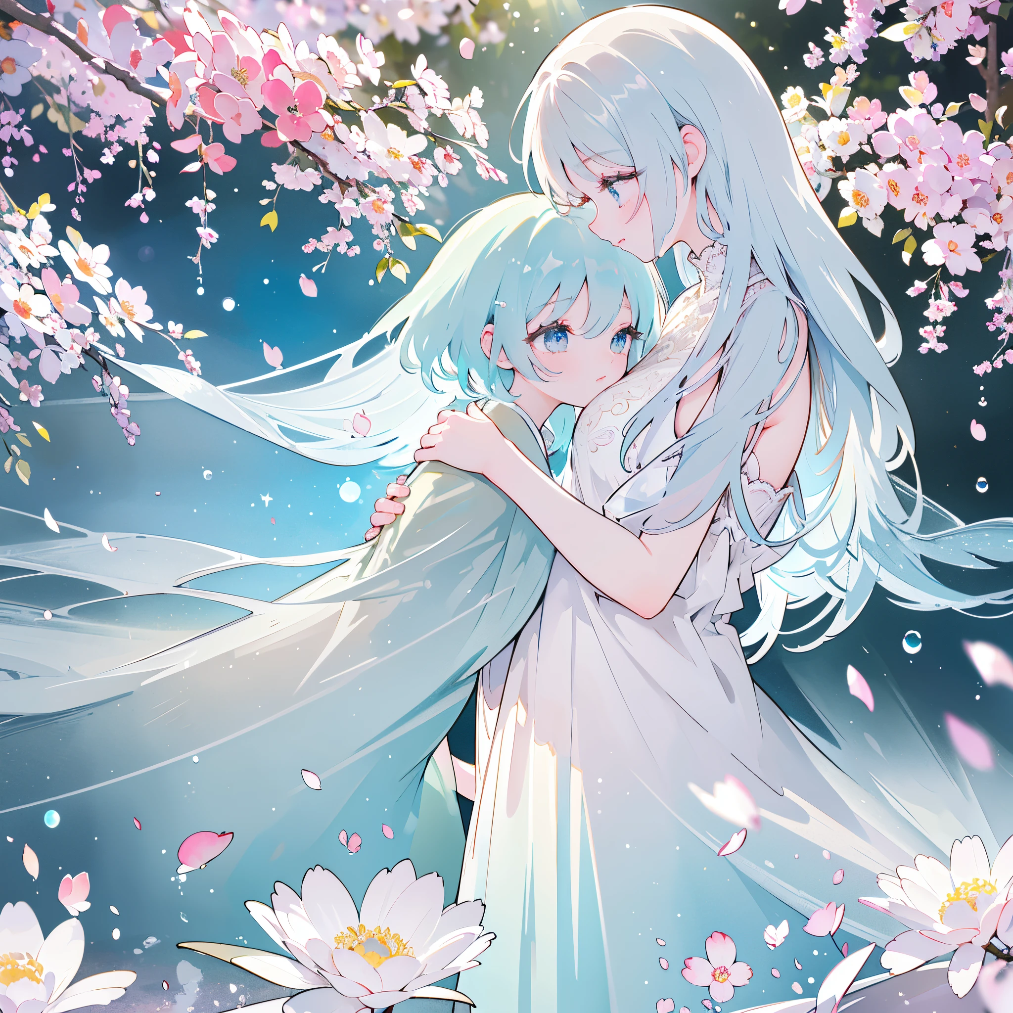 beautiful detailed girls,hugging,expressive eyes and smiles,soft and flowing hair,vibrant colors,emotive atmosphere,impressive details,artistic masterpiece:1.2,alpha blending effect,ethereal lighting,high resolution,ultra-realistic,heartwarming embrace,lush garden background,gentle sunlight filtering through trees,sparkling dewdrops on petals,subtle shadow and highlights,sweet innocence and friendship,captivating and tender moment,joyful and uplifting,harmonious composition,celebration of love and companionship,delicate brushstrokes,pastel color palette,thoughtfully crafted,impeccable realism,lively and dynamic pose,subtle texture and depth,facial expressions full of warmth,extraordinary attention to facial features,playful and dynamic interaction,whimsical and enchanting ambiance,extraordinary level of detail and precision,emotional connection and human warmth,breathtaking realism and depth,impressive level of detail,graceful elegance and beauty.