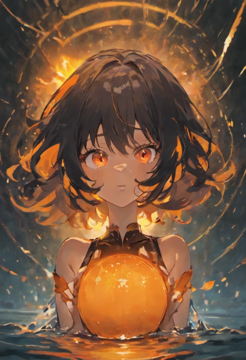 masterpiece, UHD, black hair, shapely, 1girl, orange crop top, detailed face, (beautiful and detailed orange glowing eyes:1.4), front shot, from bellow, smiling, full body, lake background, crystal clear water, park, night,
